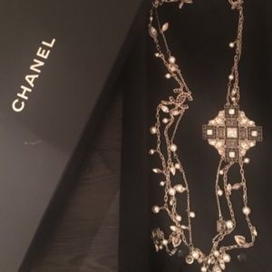 NWB Auth Chanel Silver Cross White Pearl Necklace